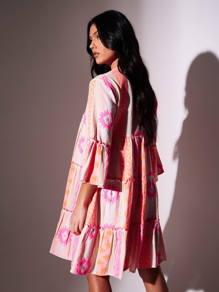 South Beach Pink Jaquard Long Sleeve Mini Dress - Image 2 of 6