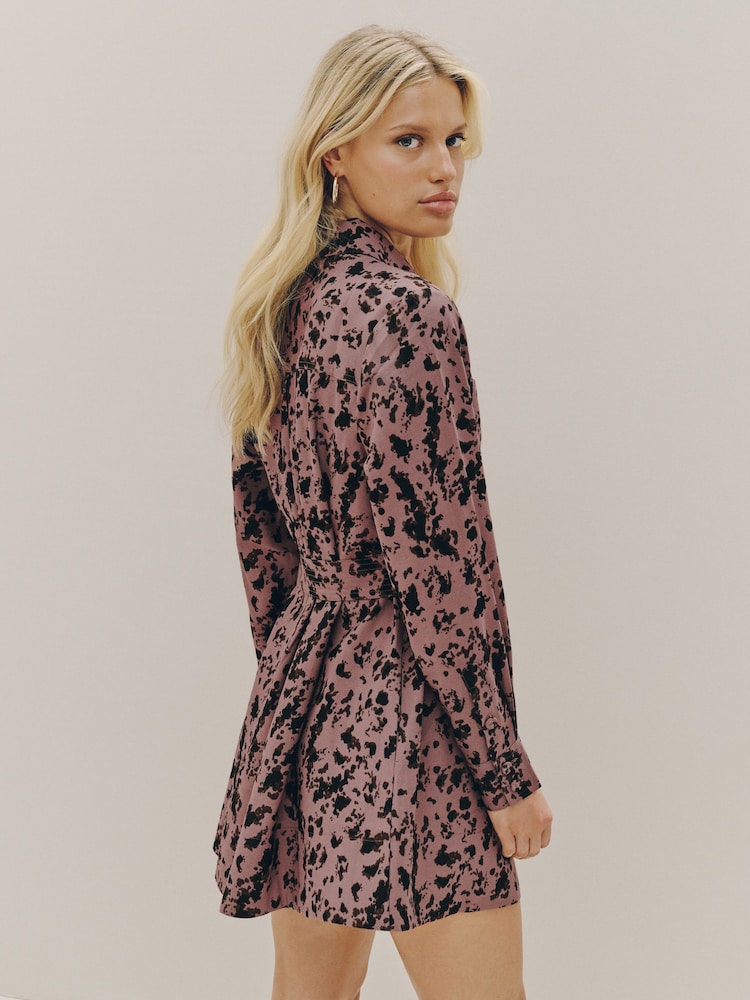 Pink Print Long Sleeve Tie Waist Shirt Dress - Image 2 of 7 Pink Print Long Sleeve Tie Waist Shirt Dress - Image 2 of 7
