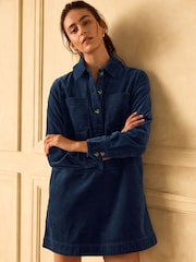 Navy Blue Long Sleeve Cord Overhead Mini Dress - Image 1 of 7