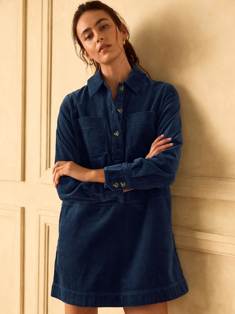 Navy Blue Long Sleeve Cord Overhead Mini Dress - Image 1 of 7