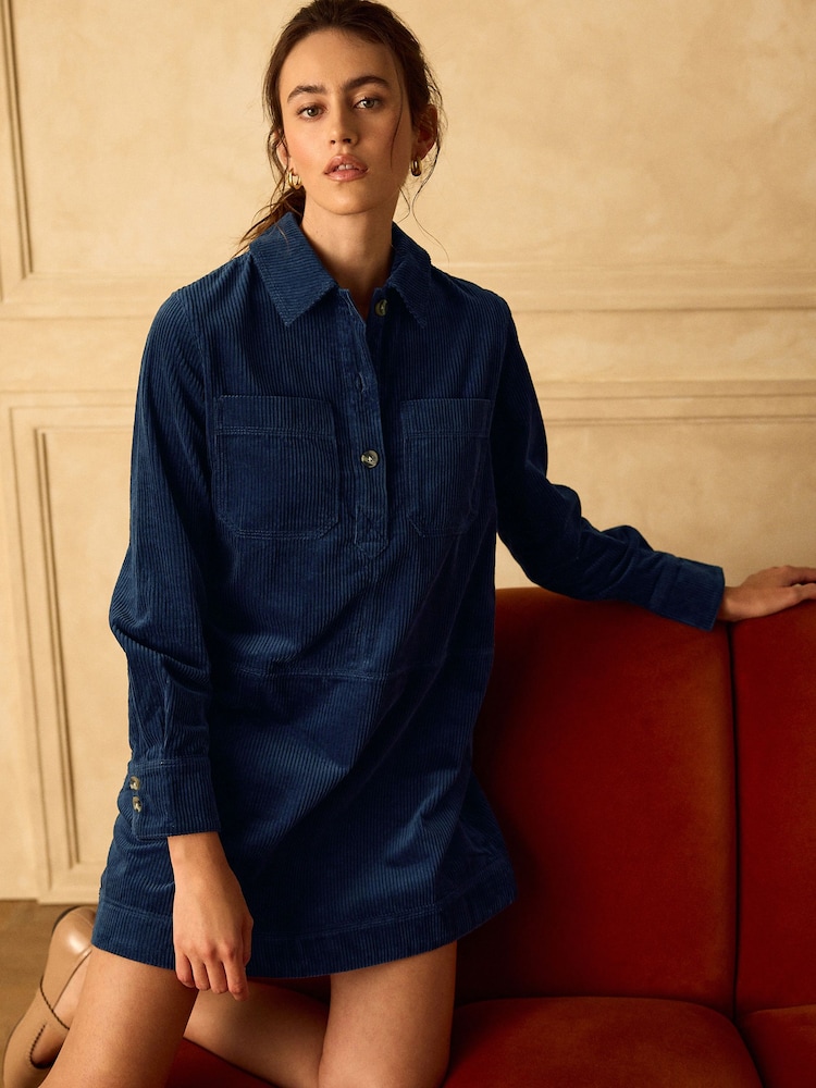 Navy Blue Long Sleeve Cord Overhead Mini Dress - Image 2 of 7