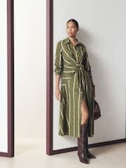 Green Stripe Long Sleeve Tie Waist Midi Shirt Dress - Image 2 of 4