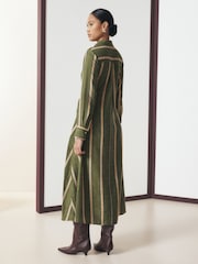 Green Stripe Long Sleeve Tie Waist Midi Shirt Dress - Image 3 of 4