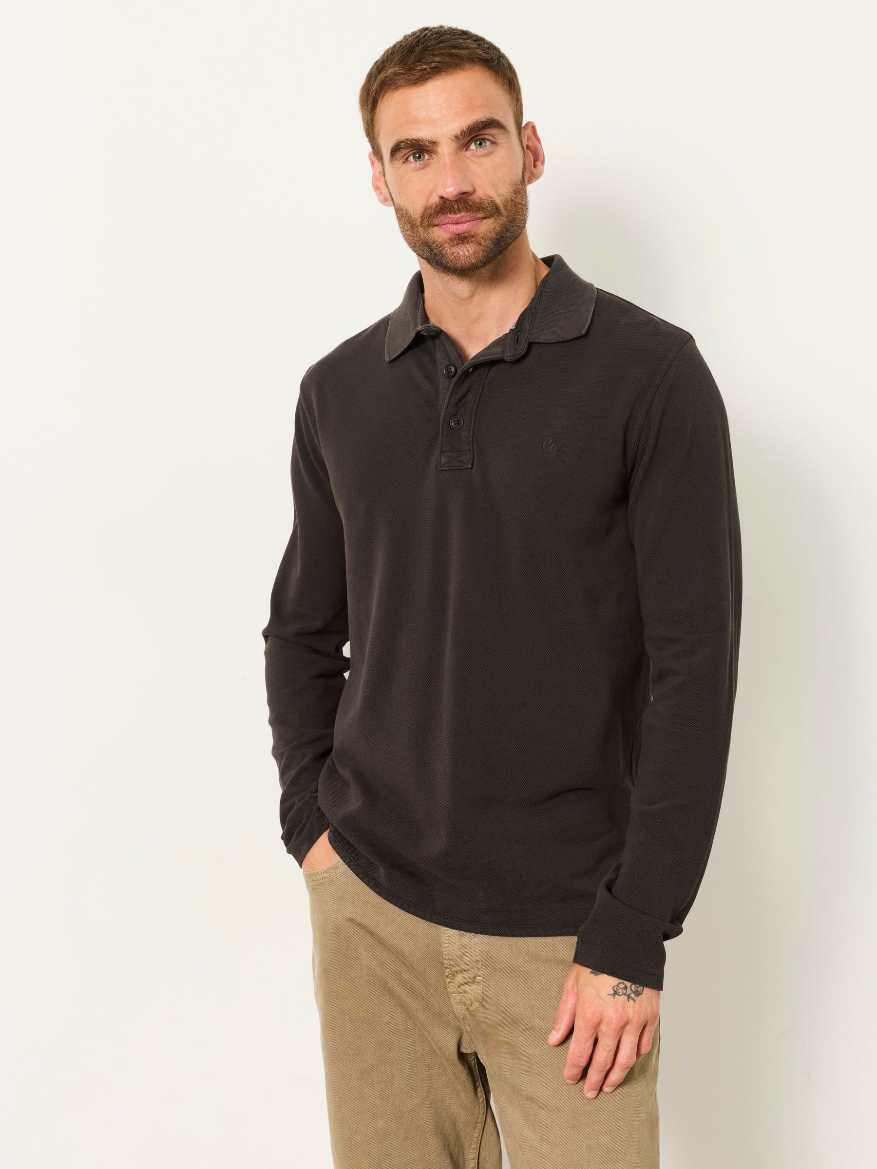 FatFace Men's Long Sleeve Pique Polo Shirt in Washed Black, XL Tall