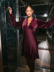 Friends Like These Aubergine Purple Velvet Long Sleeve Lace Detail Mini Dress - Image 2 of 4