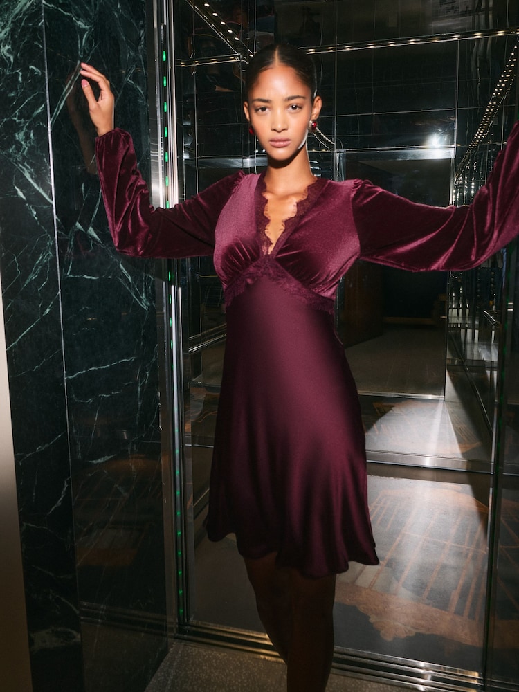 Friends Like These Aubergine Purple Velvet Long Sleeve Lace Detail Mini Dress - Image 2 of 4 Friends Like These Aubergine Purple Velvet Long Sleeve Lace Detail Mini Dress - Image 2 of 4