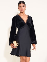 Friends Like These Black Velvet Long Sleeve Lace Detail Mini Dress - Image 1 of 5