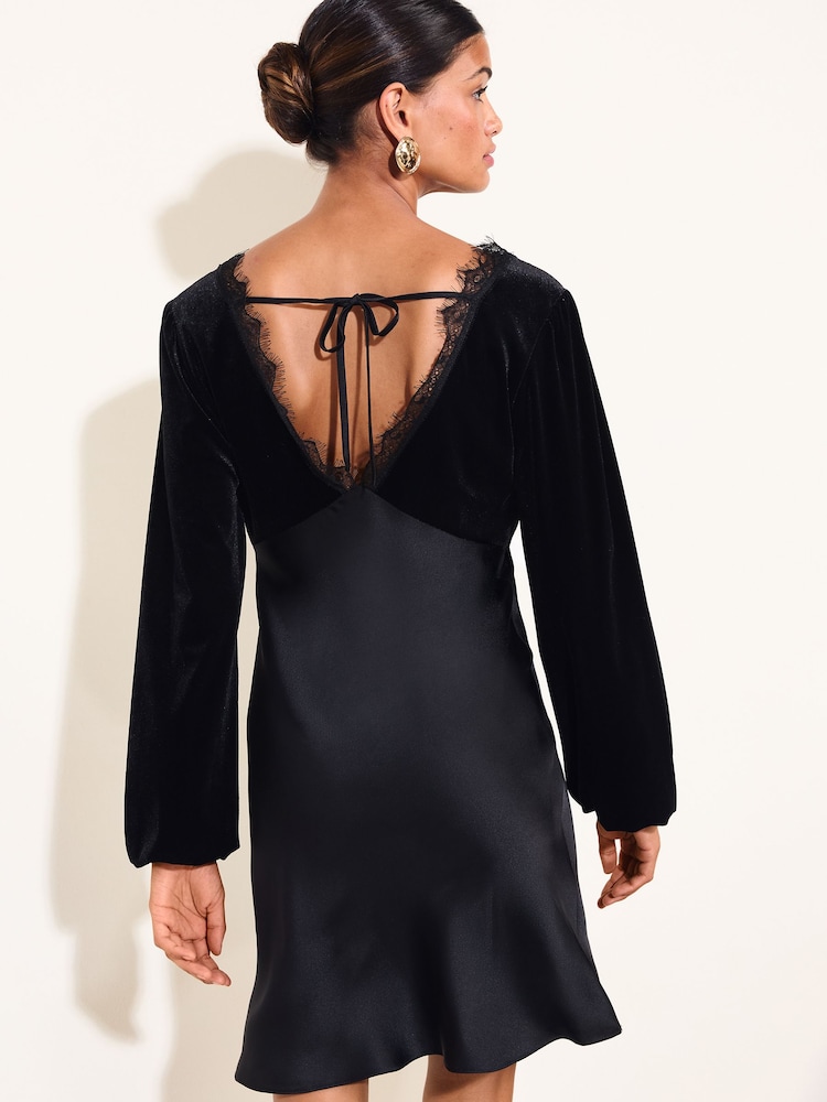 Friends Like These Black Velvet Long Sleeve Lace Detail Mini Dress - Image 5 of 5