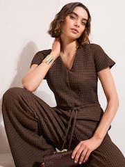 Friends Like These Chocolate Brown Petite Short Sleeve Jersey Textured Jumpsuit - Image 2 of 4