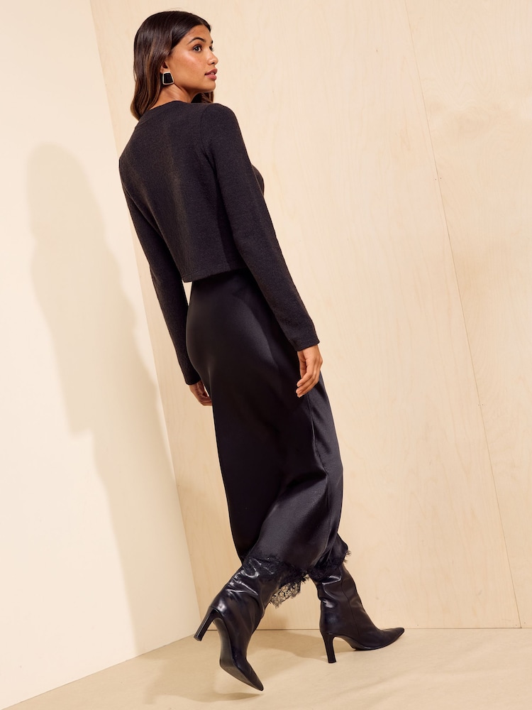 Friends Like These Black Cosy Button Through Cardi Slip Midi Dress - Image 4 of 4