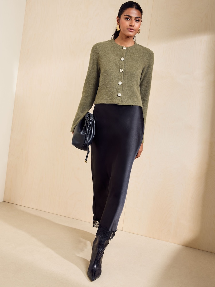Friends Like These Olive Green Cosy Button Through Cardi Slip Midi Skirt - Image 1 of 6