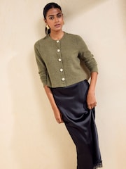 Friends Like These Olive Green Cosy Button Through Cardi Slip Midi Skirt - Image 2 of 6