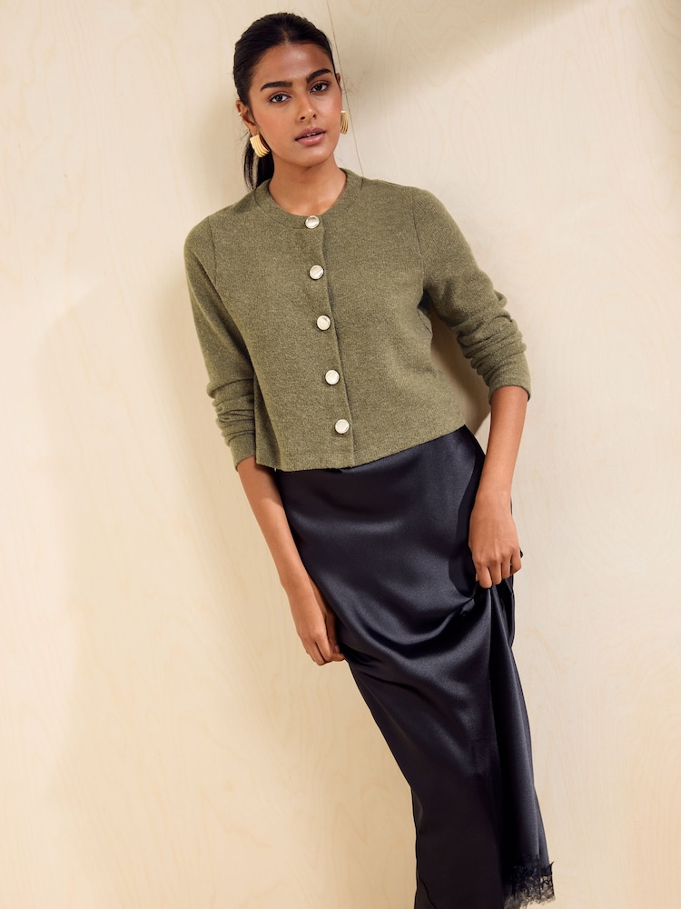 Friends Like These Olive Green Cosy Button Through Cardi Slip Midi Skirt - Image 2 of 6