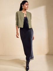 Friends Like These Olive Green Cosy Button Through Cardi Slip Midi Skirt - Image 3 of 6