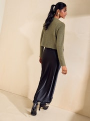 Friends Like These Olive Green Cosy Button Through Cardi Slip Midi Skirt - Image 5 of 6