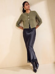 Friends Like These Olive Green Cosy Button Through Cardi Slip Midi Skirt - Image 6 of 6