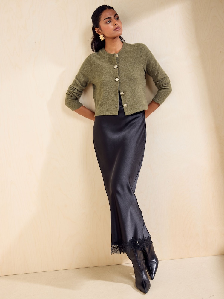 Friends Like These Olive Green Cosy Button Through Cardi Slip Midi Skirt - Image 6 of 6