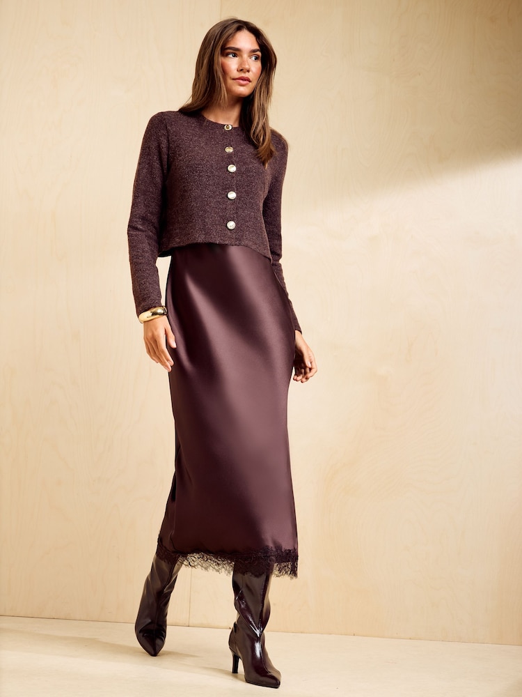 Friends Like These Chocolate Brown Cosy Button Through Cardi Slip Midi Skirt - Image 1 of 5