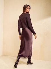 Friends Like These Chocolate Brown Cosy Button Through Cardi Slip Midi Skirt - Image 5 of 5