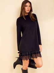 黑色 - Friends Like These Cosy Lace Hem Mini Dress - 图片3 / 5