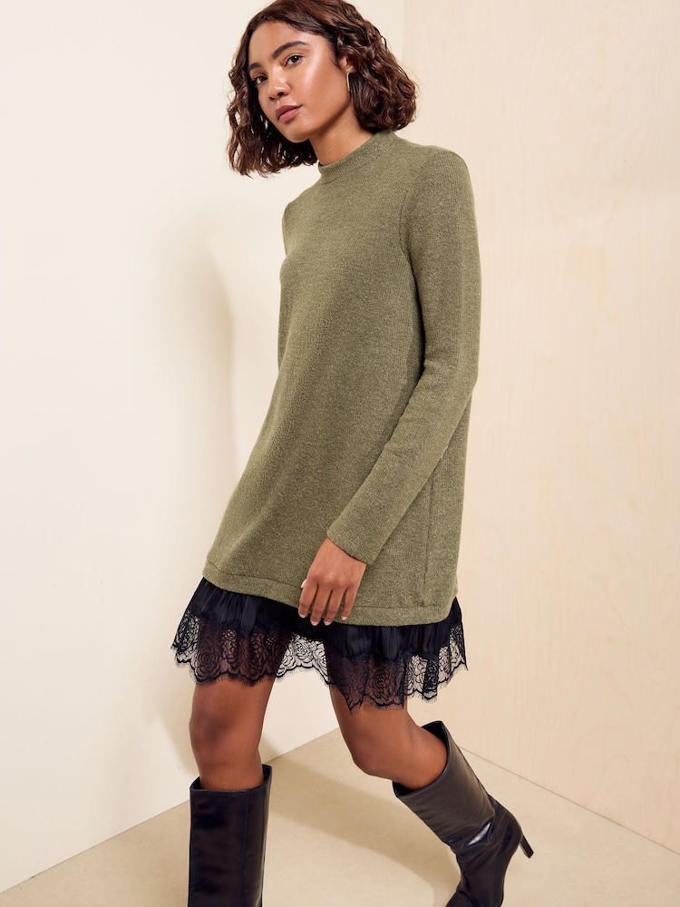 橄榄绿色 - Friends Like These Cosy Lace Hem Mini Dress - 图片1 / 5