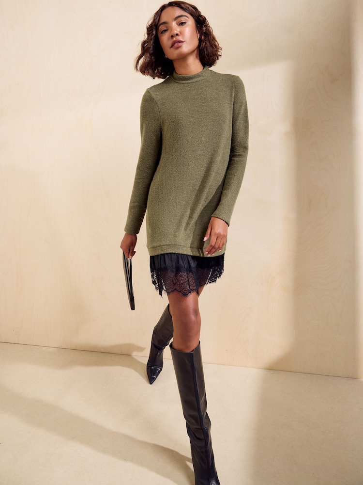 橄榄绿色 - Friends Like These Cosy Lace Hem Mini Dress - 图片2 / 5