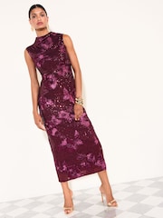 Friends Like These Aubergine Purple Petite Sequin Floral Column Midi Dress - Image 1 of 5