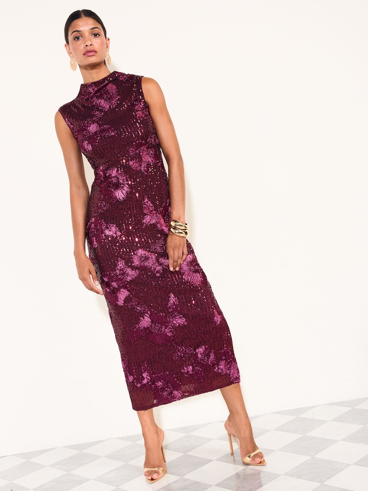 Friends Like These Aubergine Purple Petite Sequin Floral Column Midi Dress - Image 1 of 5 Friends Like These Aubergine Purple Petite Sequin Floral Column Midi Dress - Image 1 of 5