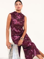 Friends Like These Aubergine Purple Petite Sequin Floral Column Midi Dress - Image 2 of 5