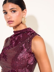 Friends Like These Aubergine Purple Petite Sequin Floral Column Midi Dress - Image 3 of 5
