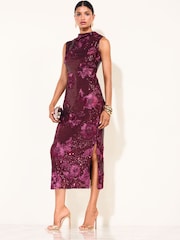 Friends Like These Aubergine Purple Petite Sequin Floral Column Midi Dress - Image 4 of 5