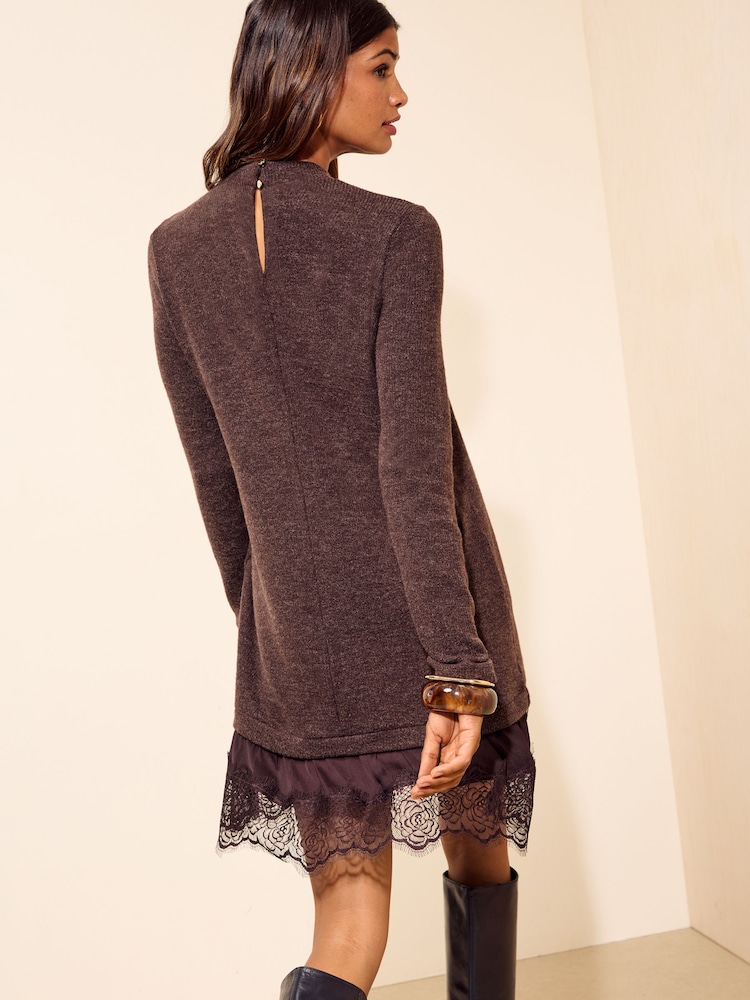 巧克力棕色 - Friends Like These Cosy Lace Hem Mini Dress - 图片5 / 5