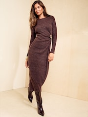 Friends Like These Chocolate Brown Petite Cosy Long Sleeve Hardware Detail Midi Dress - Image 1 of 5