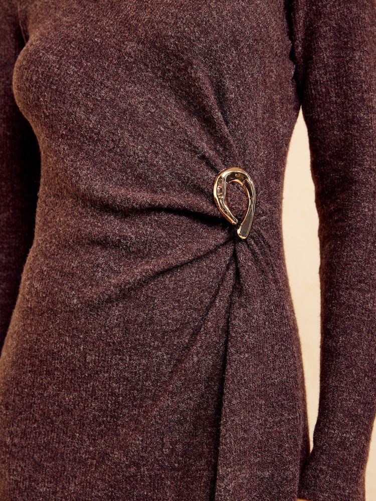Friends Like These Chocolate Brown Petite Cosy Long Sleeve Hardware Detail Midi Dress - Image 2 of 5 Friends Like These Chocolate Brown Petite Cosy Long Sleeve Hardware Detail Midi Dress - Image 2 of 5