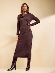 Friends Like These Chocolate Brown Petite Cosy Long Sleeve Hardware Detail Midi Dress - Image 4 of 5