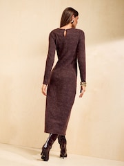 Friends Like These Chocolate Brown Petite Cosy Long Sleeve Hardware Detail Midi Dress - Image 5 of 5