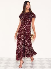 Friends Like These Berry Red Petite Ruffle Short Sleeve Metallic Foil Midi Dress - Image 1 of 6