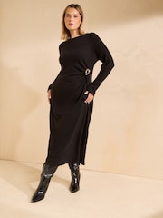 Friends Like These Black Curve Cosy Long Sleeve Hardware Detail Midi Dress - Image 1 of 4