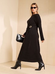 Friends Like These Black Curve Cosy Long Sleeve Hardware Detail Midi Dress - Image 3 of 4