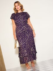 Friends Like These Aubergine Purple Curve Ruffle Short Sleeve Metallic Foil Midi Dress - Image 2 of 5