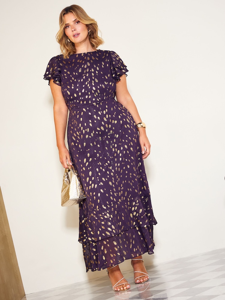 Friends Like These Aubergine Purple Curve Ruffle Short Sleeve Metallic Foil Midi Dress - Image 2 of 5