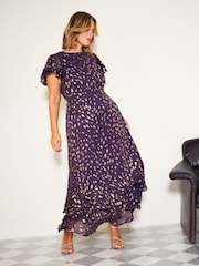 Friends Like These Aubergine Purple Curve Ruffle Short Sleeve Metallic Foil Midi Dress - Image 4 of 5