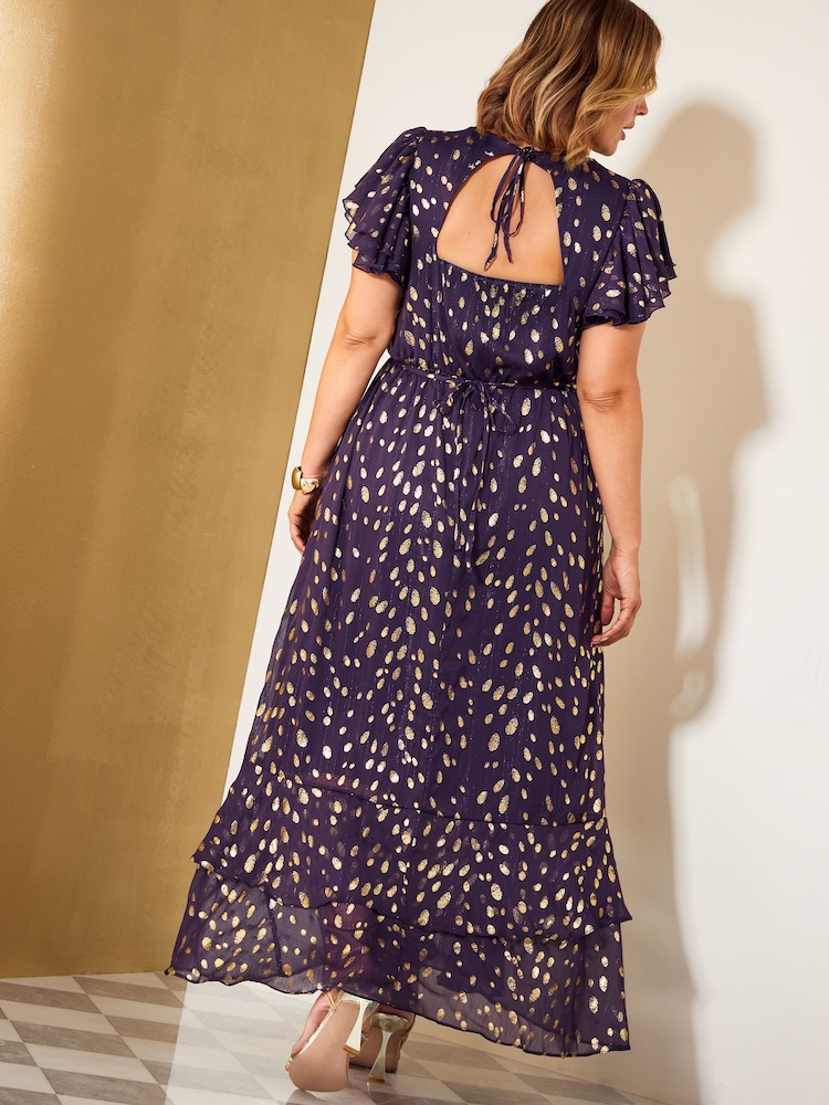 Friends Like These Aubergine Purple Curve Ruffle Short Sleeve Metallic Foil Midi Dress - Image 5 of 5