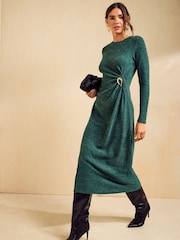 Friends Like These Olive Green Petite Cosy Long Sleeve Hardware Detail Midi Dress - Image 1 of 5