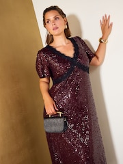 Friends Like These Burgundy Red Curve Lace Detail Sequin Midi Dress - Image 3 of 6