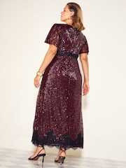 Friends Like These Burgundy Red Curve Lace Detail Sequin Midi Dress - Image 5 of 6