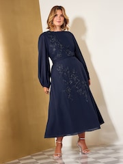 Dəniz - Friends Like These Floral Embellished Chiffon Long Sleeve Midi Dress - 5şəkildən 1 şəkil