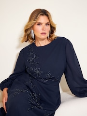 Dəniz - Friends Like These Floral Embellished Chiffon Long Sleeve Midi Dress - 5şəkildən 2 şəkil