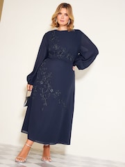 Dəniz - Friends Like These Floral Embellished Chiffon Long Sleeve Midi Dress - 5şəkildən 3 şəkil