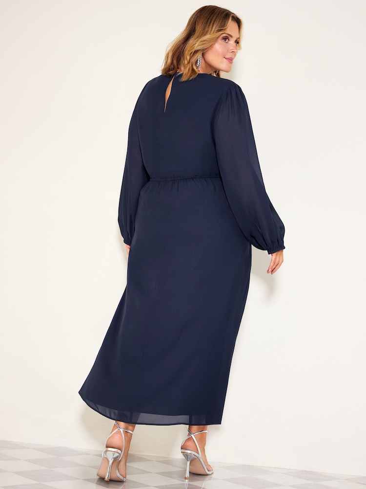 Dəniz - Friends Like These Floral Embellished Chiffon Long Sleeve Midi Dress - 5şəkildən 5 şəkil